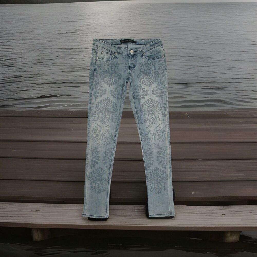 Rue21 Twentyone Black Jeans Skinny 1/2 (29x30) Low Rise Blue Print Denim Juniors
